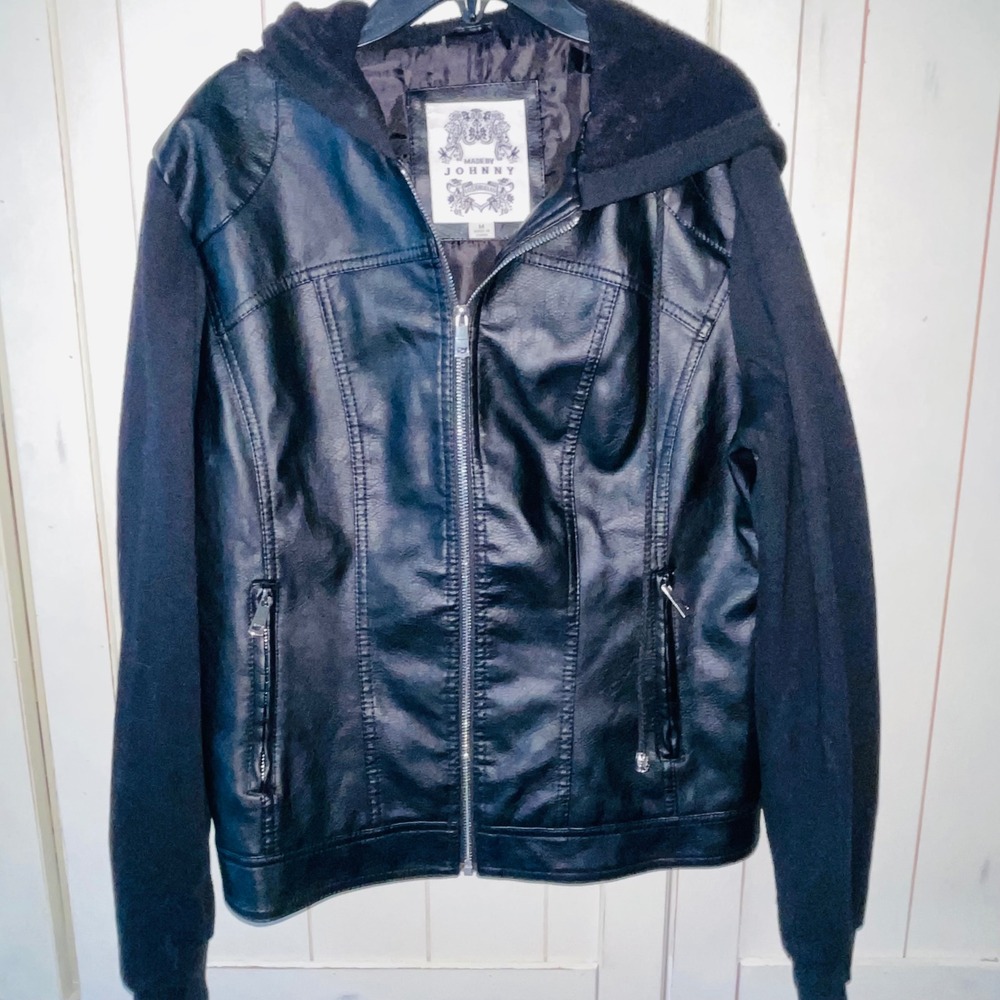 Made by Johnny WJC1347 Faux Leather Hooded Moto Jacket Black Womens Medium